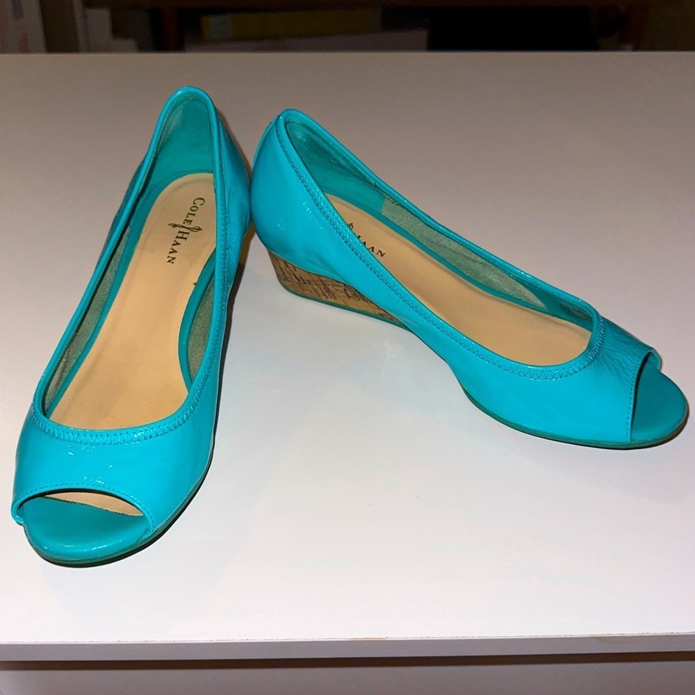 Cole Haan Turquoise Peep-Toe Wedge Flats